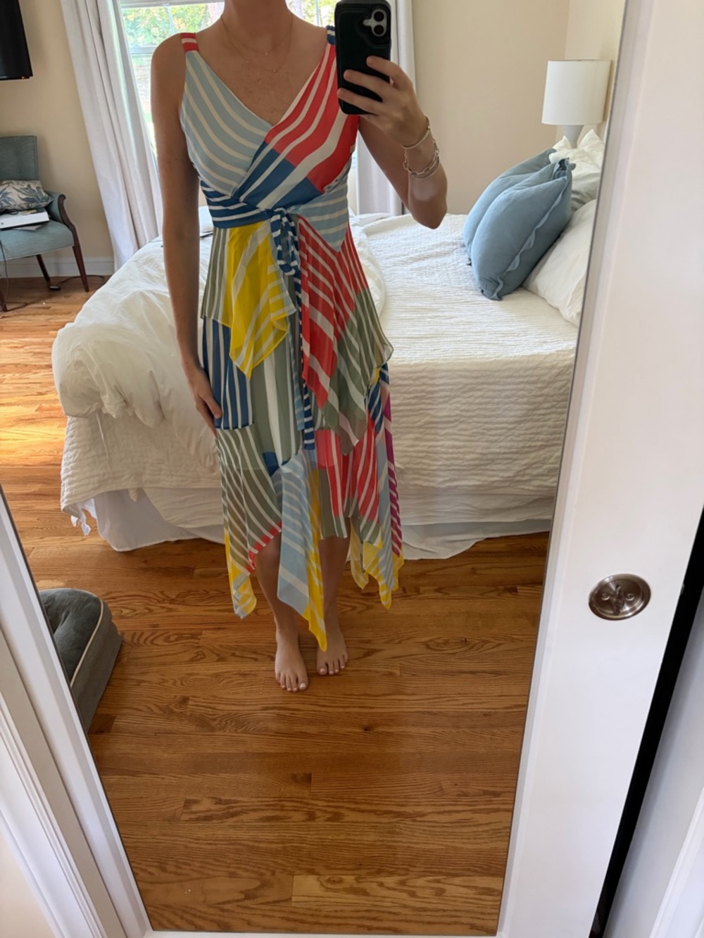 Multi-Color Striped Handkerchief Hem V-Neck Dress